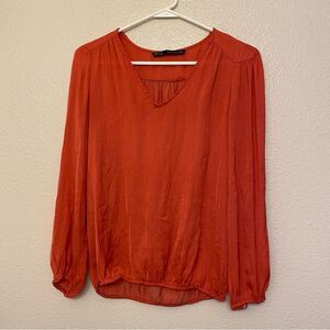 Zara Basic coral orange V-neck silky long sleeve blouse top elastic hemline-S